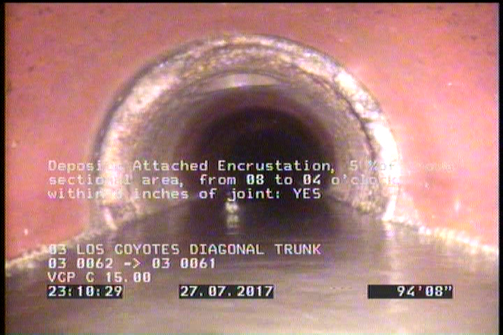 Deposits Attached Encrustation, 5 %of cross sectional area, from 08 to 04 o'clock, , within 8 inches of joint: YES