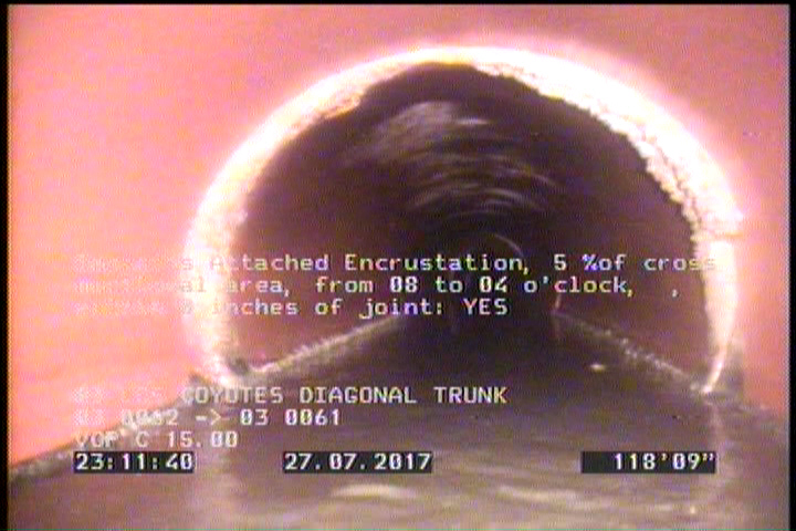 Deposits Attached Encrustation, 5 %of cross sectional area, from 08 to 04 o'clock, , within 8 inches of joint: YES
