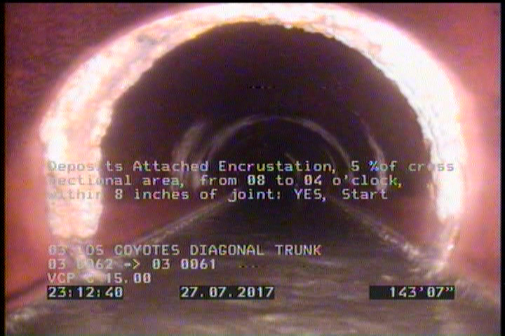 Deposits Attached Encrustation, 5 %of cross sectional area, from 08 to 04 o'clock, , within 8 inches of joint: YES, Start