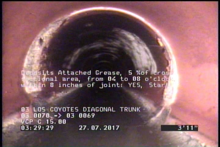 Deposits Attached Grease, 5 %of cross sectional area, from 04 to 08 o'clock, , within 8 inches of joint: YES, Start
