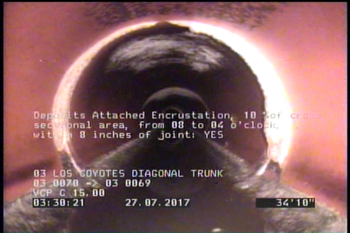 Deposits Attached Encrustation, 10 %of cross sectional area, from 08 to 04 o'clock, , within 8 inches of joint: YES