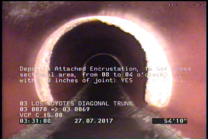 Deposits Attached Encrustation, 10 %of cross sectional area, from 08 to 04 o'clock, , within 8 inches of joint: YES
