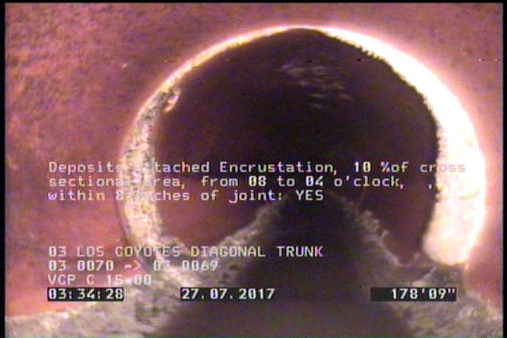 Deposits Attached Encrustation, 10 %of cross sectional area, from 08 to 04 o'clock, , within 8 inches of joint: YES