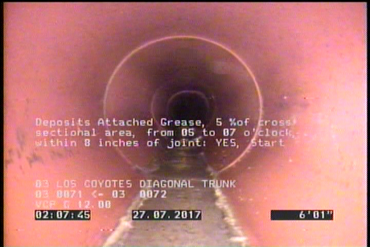 Deposits Attached Grease, 5 %of cross sectional area, from 05 to 07 o'clock, , within 8 inches of joint: YES, Start
