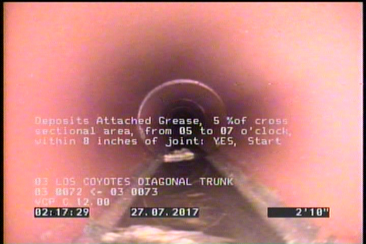 Deposits Attached Grease, 5 %of cross sectional area, from 05 to 07 o'clock, , within 8 inches of joint: YES, Start