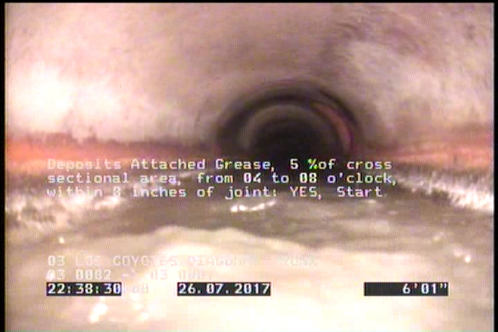 Deposits Attached Grease, 5 %of cross sectional area, from 04 to 08 o'clock, , within 8 inches of joint: YES, Start
