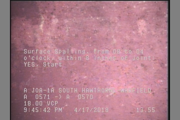 Surface Spalling, from 08 to 04 o'clock, within 8 inches of joint: YES, Start