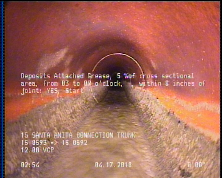 Deposits Attached Grease, 5 %of cross sectional area, from 03 to 09 o'clock, , within 8 inches of joint: YES, Start