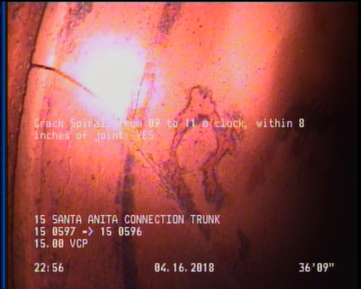 Crack Spiral, from 09 to 11 o'clock, within 8 inches of joint: YES
