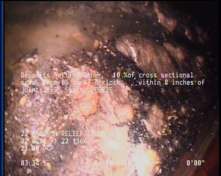 Deposits Settled Other, 10 %of cross sectional area, from 05 to 07 o'clock, , within 8 inches of joint: YES, Start - DEBRIS