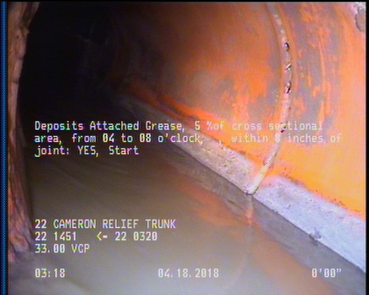 Deposits Attached Grease, 5 %of cross sectional area, from 04 to 08 o'clock, , within 8 inches of joint: YES, Start