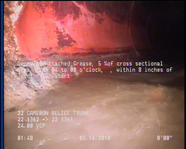 Deposits Attached Grease, 5 %of cross sectional area, from 04 to 08 o'clock, , within 8 inches of joint: YES, Start