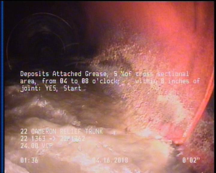 Deposits Attached Grease, 5 %of cross sectional area, from 04 to 08 o'clock, , within 8 inches of joint: YES, Start