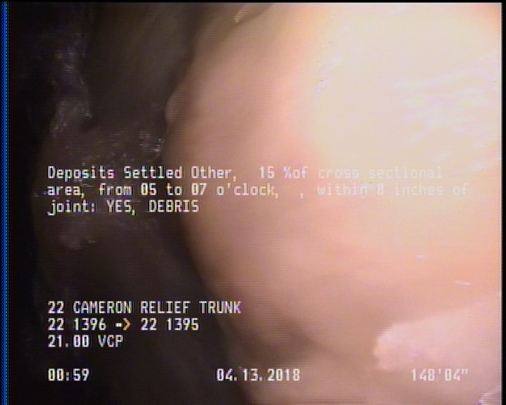 Deposits Settled Other, 15 %of cross sectional area, from 05 to 07 o'clock, , within 8 inches of joint: YES, Start - DEBRIS