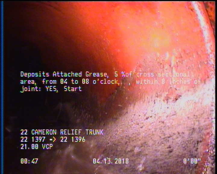 Deposits Attached Grease, 5 %of cross sectional area, from 04 to 08 o'clock, , within 8 inches of joint: YES, Start