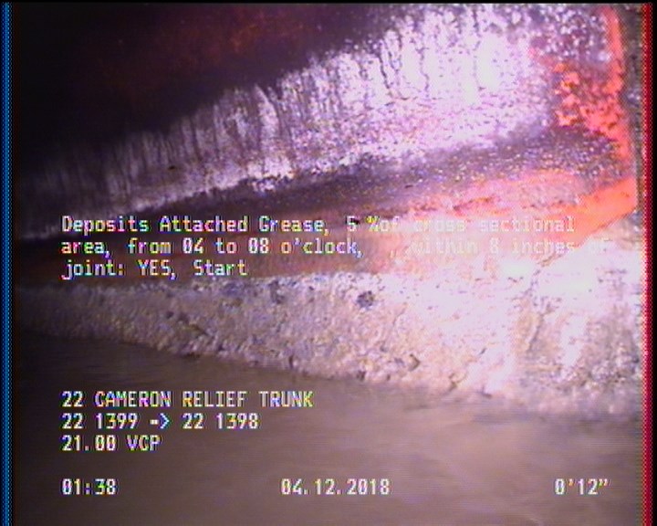 Deposits Attached Grease, 5 %of cross sectional area, from 04 to 08 o'clock, , within 8 inches of joint: YES, Start