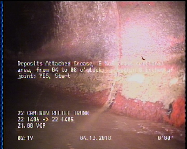 Deposits Attached Grease, 5 %of cross sectional area, from 04 to 08 o'clock, , within 8 inches of joint: YES, Start