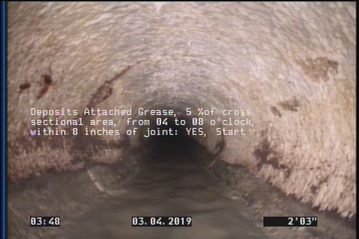 Deposits Attached Grease, 5 %of cross sectional area, from 04 to 08 o'clock, , within 8 inches of joint: YES, Start