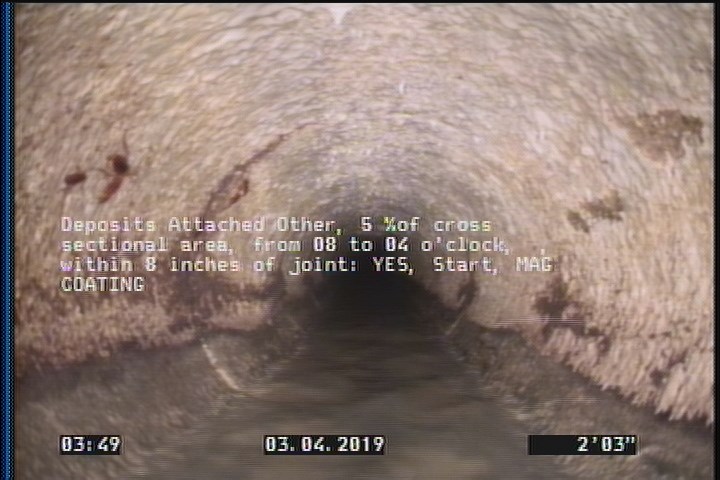 Deposits Attached Other, 5 %of cross sectional area, from 08 to 04 o'clock, , within 8 inches of joint: YES, Start - MAG COATING