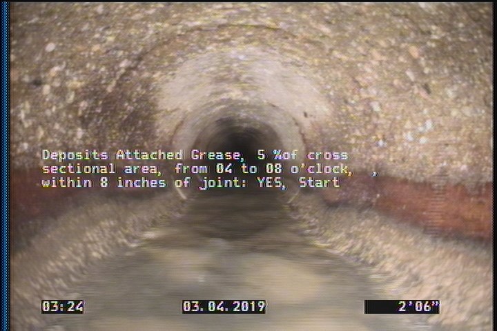 Deposits Attached Grease, 5 %of cross sectional area, from 04 to 08 o'clock, , within 8 inches of joint: YES, Start