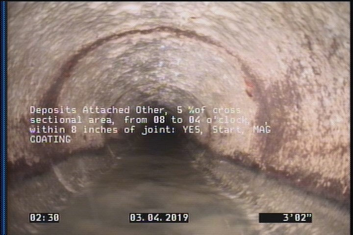 Deposits Attached Other, 5 %of cross sectional area, from 08 to 04 o'clock, , within 8 inches of joint: YES, Start - MAG COATING