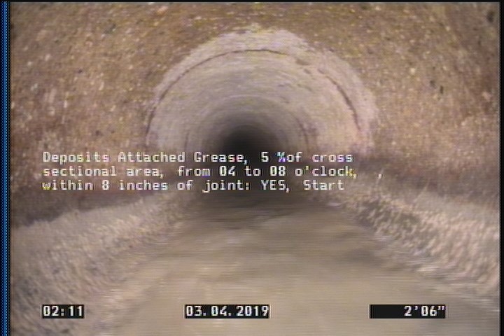 Deposits Attached Grease, 5 %of cross sectional area, from 04 to 08 o'clock, , within 8 inches of joint: YES, Start