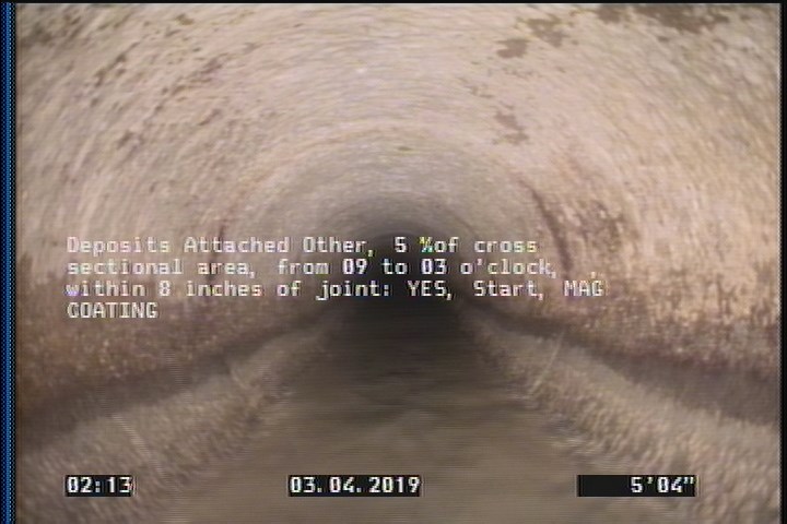 Deposits Attached Other, 5 %of cross sectional area, from 09 to 03 o'clock, , within 8 inches of joint: YES, Start - MAG COATING