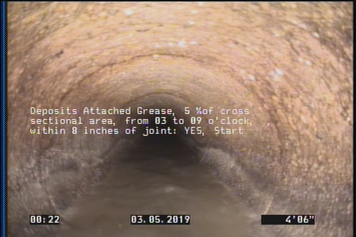 Deposits Attached Grease, 5 %of cross sectional area, from 03 to 09 o'clock, , within 8 inches of joint: YES, Start