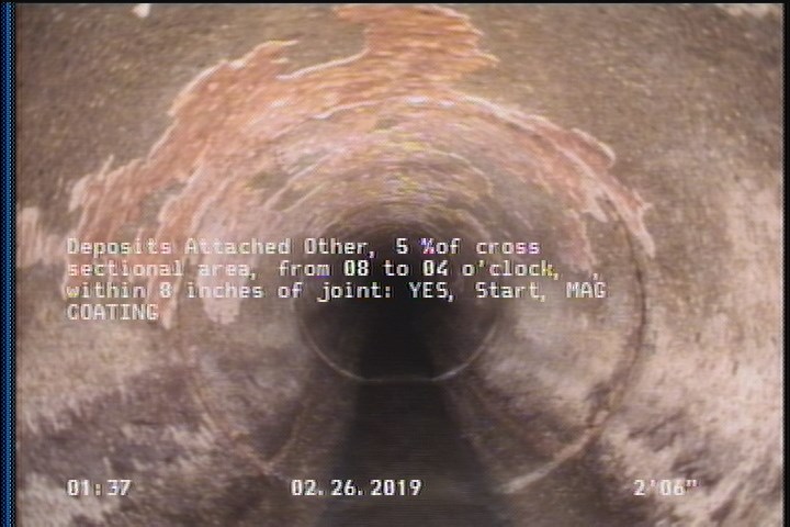 Deposits Attached Other, 5 %of cross sectional area, from 08 to 04 o'clock, , within 8 inches of joint: YES, Start - MAG COATING