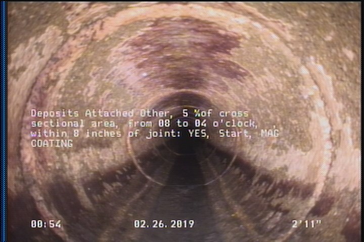 Deposits Attached Other, 5 %of cross sectional area, from 08 to 04 o'clock, , within 8 inches of joint: YES, Start - MAG COATING