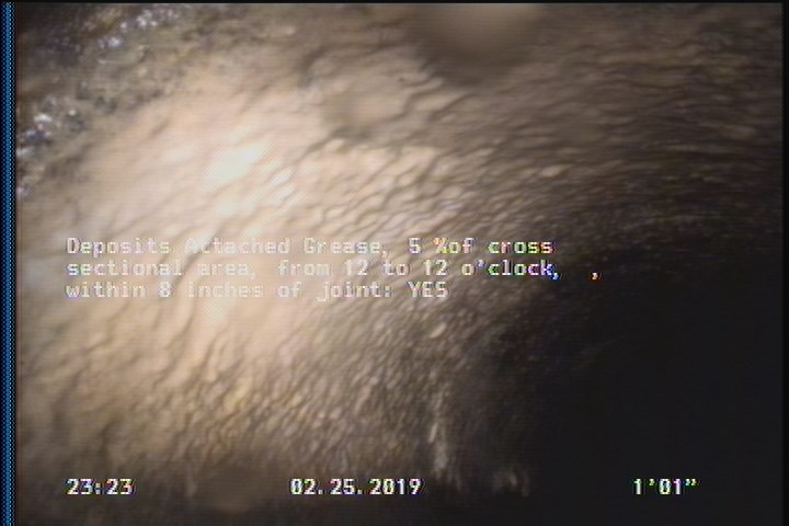 Deposits Attached Grease, 5 %of cross sectional area, from 12 to 12 o'clock, , within 8 inches of joint: YES