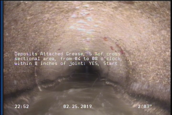 Deposits Attached Grease, 5 %of cross sectional area, from 04 to 08 o'clock, , within 8 inches of joint: YES, Start