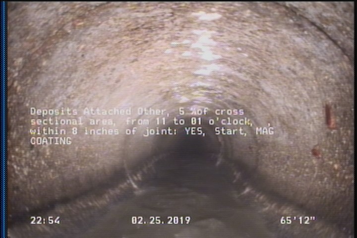 Deposits Attached Other, 5 %of cross sectional area, from 11 to 01 o'clock, , within 8 inches of joint: YES, Start - MAG COATING