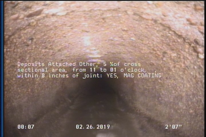 Deposits Attached Other, 5 %of cross sectional area, from 11 to 01 o'clock, , within 8 inches of joint: YES, Start - MAG COATING