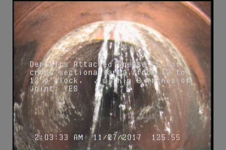 Deposits Attached Grease, 5 %of cross sectional area, from 12 to 12 o'clock, , within 8 inches of joint: YES