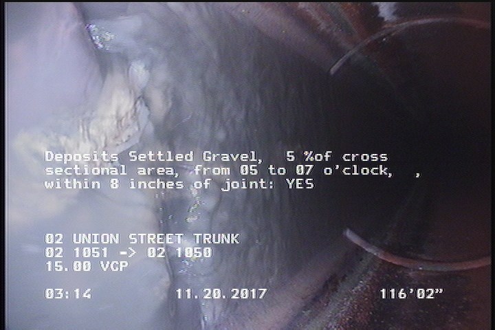 Deposits Settled Gravel, 5 %of cross sectional area, from 05 to 07 o'clock, , within 8 inches of joint: YES