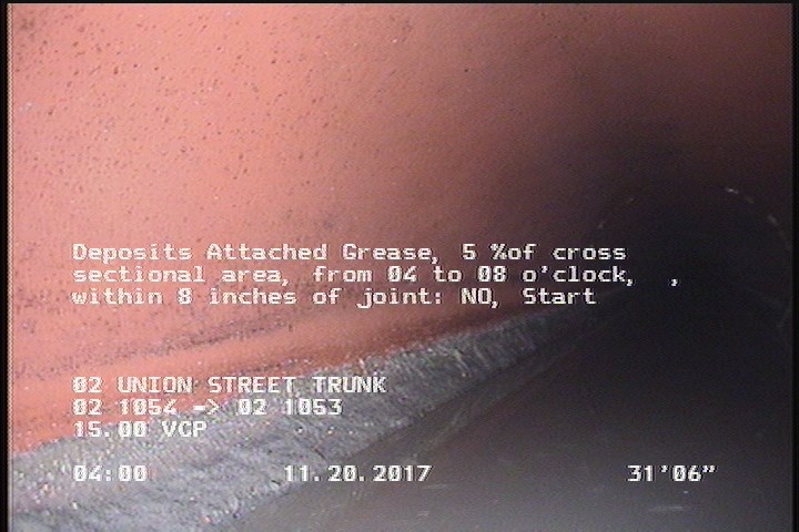 Deposits Attached Grease, 5 %of cross sectional area, from 04 to 08 o'clock, , within 8 inches of joint: NO, Start