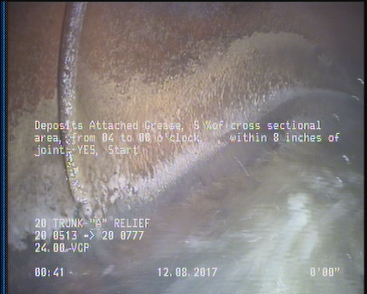 Deposits Attached Grease, 5 %of cross sectional area, from 04 to 08 o'clock, , within 8 inches of joint: YES, Start