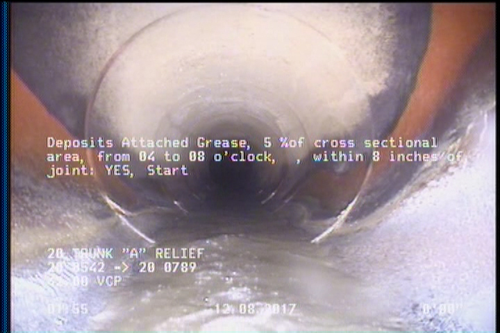Deposits Attached Grease, 5 %of cross sectional area, from 04 to 08 o'clock, , within 8 inches of joint: YES, Start