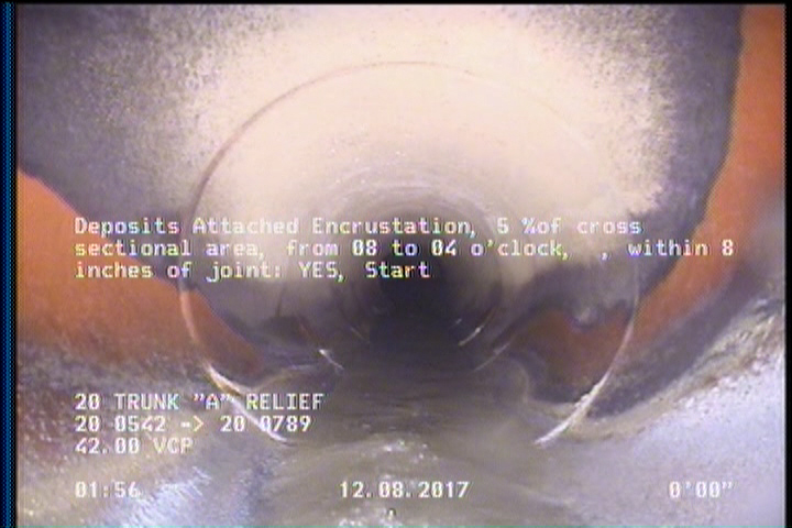 Deposits Attached Encrustation, 5 %of cross sectional area, from 08 to 04 o'clock, , within 8 inches of joint: YES, Start
