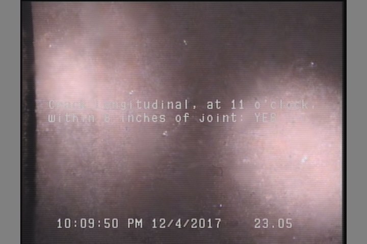 Crack Longitudinal, at 11 o'clock, within 8 inches of joint: YES