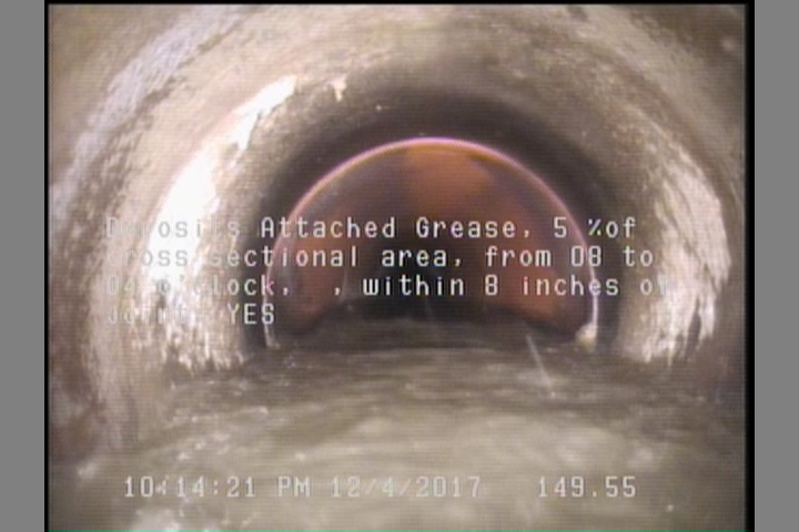 Deposits Attached Grease, 5 %of cross sectional area, from 08 to 04 o'clock, , within 8 inches of joint: YES