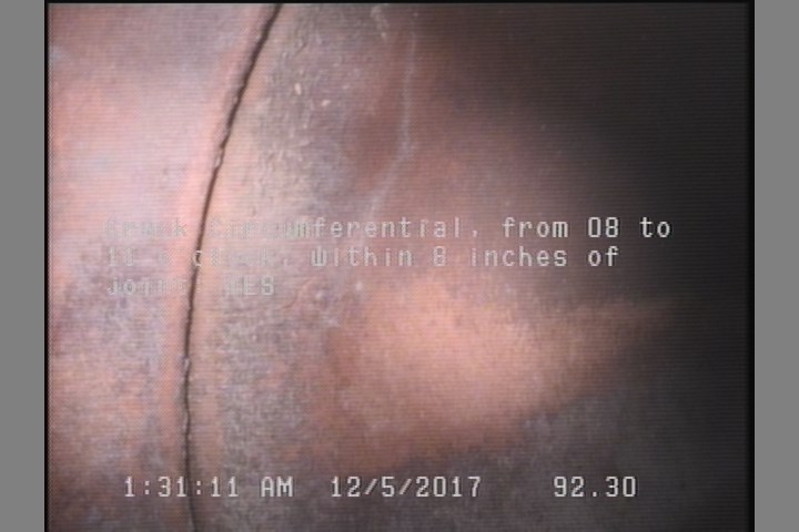 Crack Circumferential, from 08 to 11 o'clock, within 8 inches of joint: YES