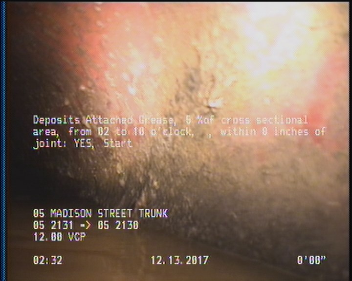 Deposits Attached Grease, 5 %of cross sectional area, from 02 to 10 o'clock, , within 8 inches of joint: YES, Start
