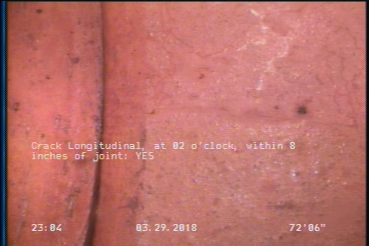 Crack Longitudinal, at 02 o'clock, within 8 inches of joint: YES