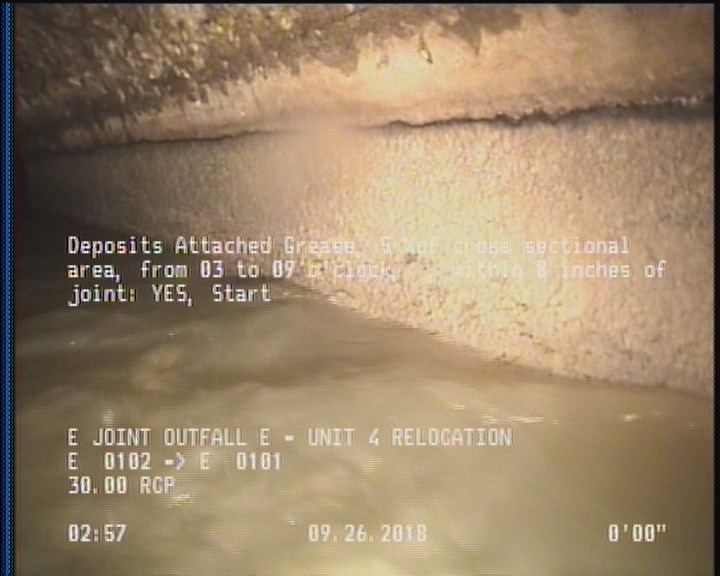 Deposits Attached Grease, 5 %of cross sectional area, from 03 to 09 o'clock, , within 8 inches of joint: YES, Start
