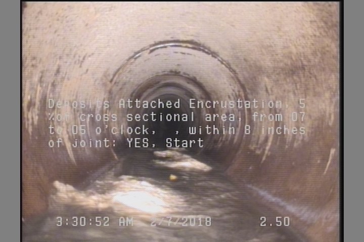 Deposits Attached Encrustation, 5 %of cross sectional area, from 07 to 05 o'clock, , within 8 inches of joint: YES, Start