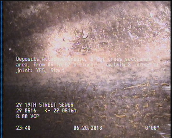 Deposits Attached Grease, 5 %of cross sectional area, from 05 to 07 o'clock, , within 8 inches of joint: YES, Start
