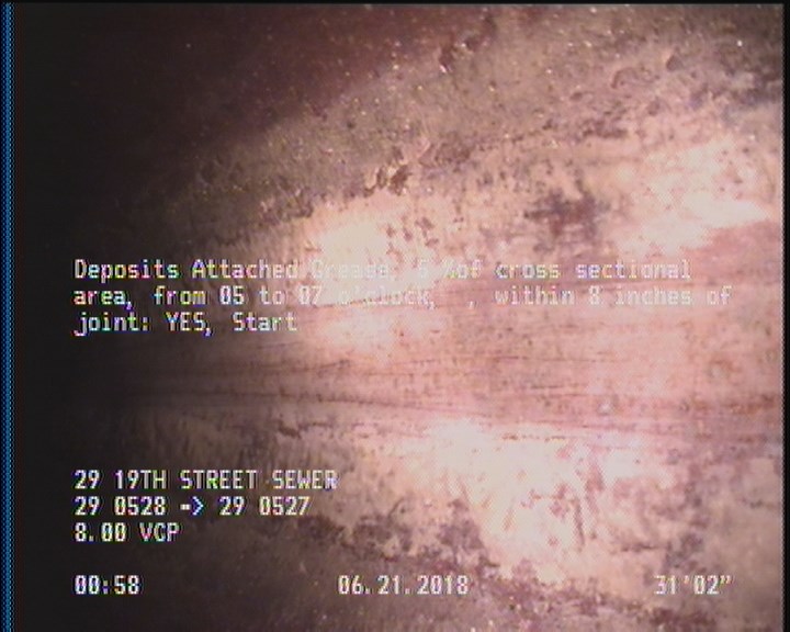 Deposits Attached Grease, 5 %of cross sectional area, from 05 to 07 o'clock, , within 8 inches of joint: YES, Start