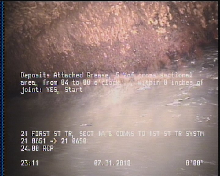 Deposits Attached Grease, 5 %of cross sectional area, from 04 to 08 o'clock, , within 8 inches of joint: YES, Start